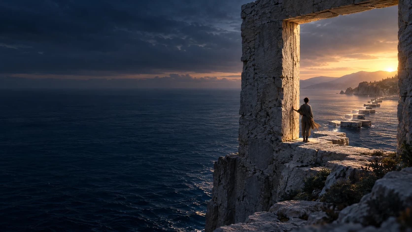 A person pauses at an unfinished limestone doorway above the sea. Dawn reveals the first steps toward a distant shore.